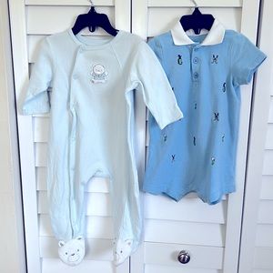 Footie by Little Me baby boy blue onesie + a romper w matching hats size 9m
